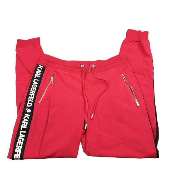Karl Lagerfeld Mens XS Joggers Red Drawstring Pockets‎ Logo Side Stripe Pants - Picture 1 of 14